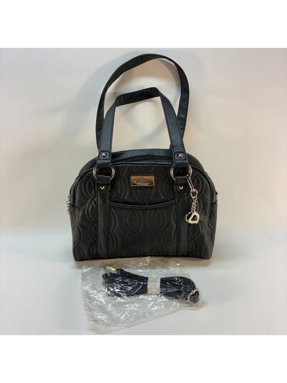 Bella Russo Black Quilted Satchel Shoulder Crossbody Bag Heart Charms